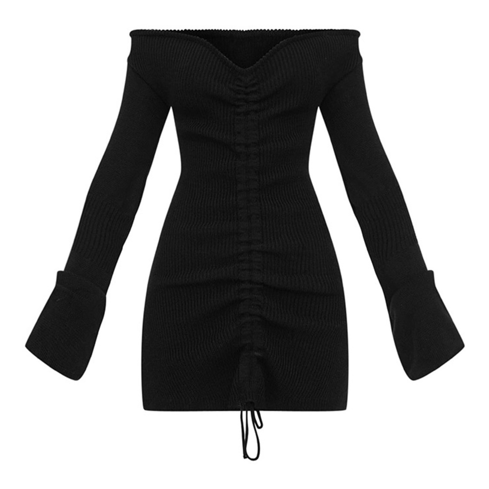Black Ruched Knit Dress